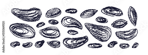 Oysters, mussels ink sketch. Seashells. Engraving