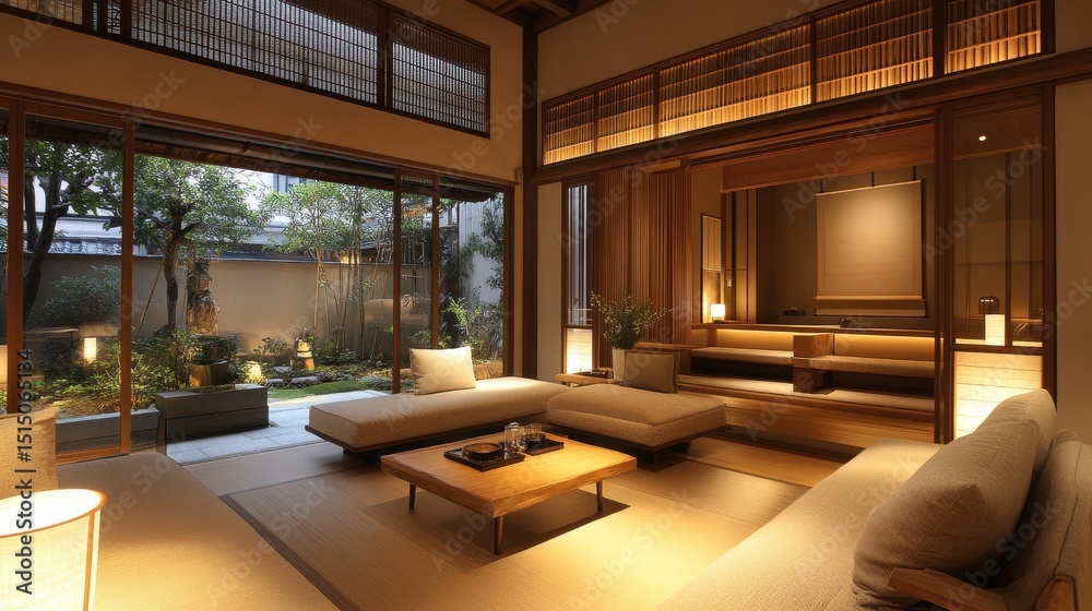 Fototapeta premium Tranquil Japanese room with garden view through large windows, peaceful scenery. For showcasing interior design, architecture, and serene, luxurious living spaces.