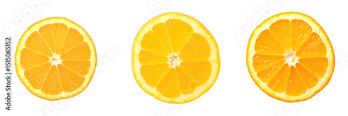 Three vibrant orange slices displayed on a transparent background, showcasing their juicy segments and bright color, emphasizing freshness and natural appeal.