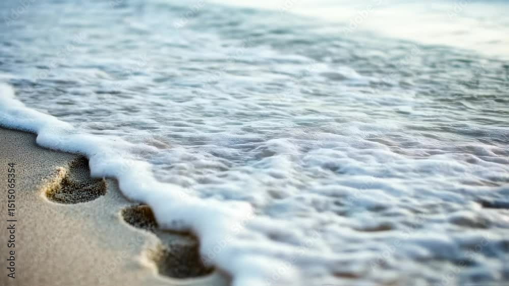 Footprints in sand with ocean wave receding on beach summer vacation