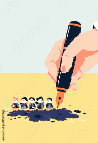 Ink of Authority: A giant hand wields a pen, its ink pooling beside a group of tiny figures. The scene creates a dramatic portrayal of authority and its impact.