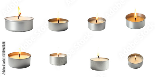 Collection of Various Tea Light Candles with Flickering Flames on a transparent Background Featuring Different Heights and Sizes in Metallic Containers