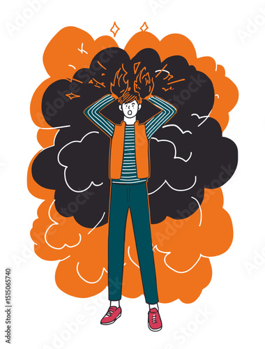 Overwhelmed by Emotion: A person standing, head in hands, symbolizing the weight of internal struggles and mental strain, with expressive visual elements accentuating themes of stress, anxiety.