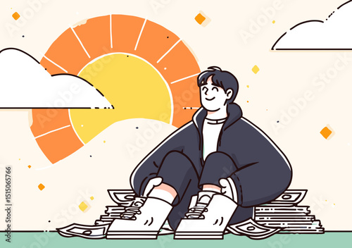 Wealthy Contemplation: An individual sits atop a mound of money, basks in the golden glow of the sun, evoking themes of aspiration and financial success.