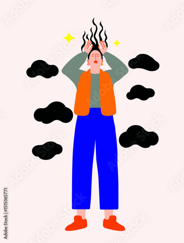 Melancholy Amidst Clouds: A person personifies internal struggles, surrounded by dark, symbolic clouds. Their expression speaks volumes of heavy emotions, a struggle with an internal landscape.