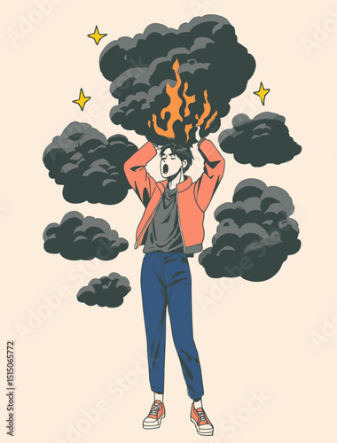 Burning Rage: A person is consumed by fire as a symbolic representation of rage and anger, with dark storm clouds representing mental and emotional distress.