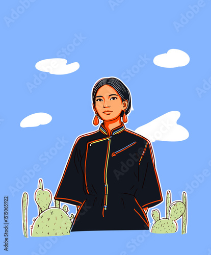 Lady's Western Style and Cactus: a cartoonish illustration of a female model wearing black jacket and earring stands in the western area.  