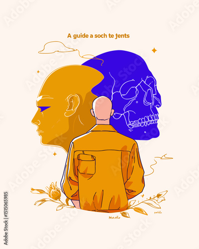 Dualistic Reflection: An artwork depicting a figure contemplating between life represented by head and death represented by skull symbolizing the delicate balance.