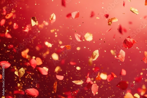 Red rose petals and golden glitters are falling down in a red background. Perfect for celebrating love, Valentine's day, or festive occasions.
