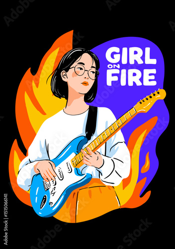 Girl on Fire: Captivating illustration of a female guitarist, immersed in a blaze, embodying passion and musical talent.