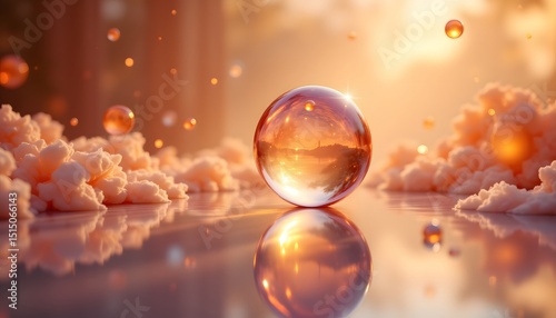 A spherical emanation, radiating soft light, rests perfectly balanced on a polished plane. Around it, swirling forms of indistinct shape dance in a ballet of refracted light photo