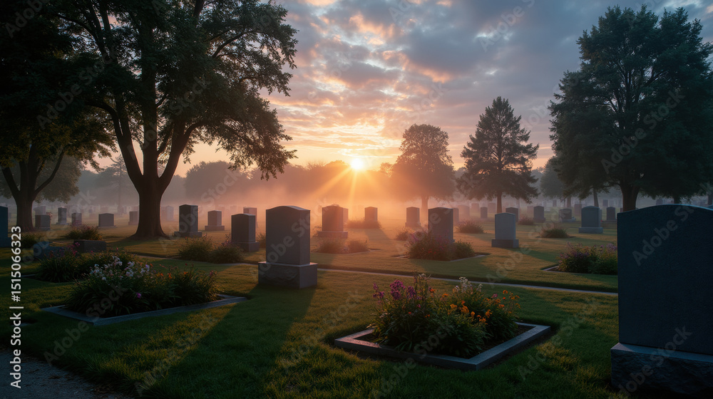 Obraz premium Serene cemetery scene at sunrise, with mist hovering over gravestones and flowers blooming, creating peaceful atmosphere