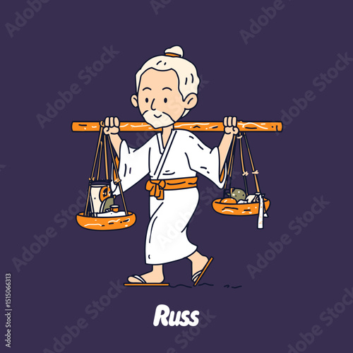 Japanese Vendor's Burden: A simplified graphic of a traditional vendor, clad in a kimono, carries goods on a balanced yoke. The image evokes the spirit of everyday commerce.