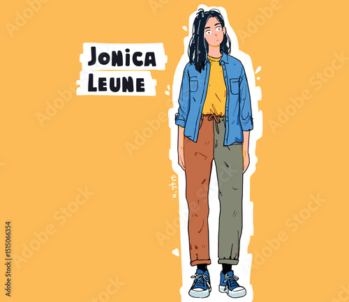A Stylish Portrait: A well-designed illustration of a young woman is positioned on a gradient yellow background. A striking look of modern, vibrant style and confident individuality.