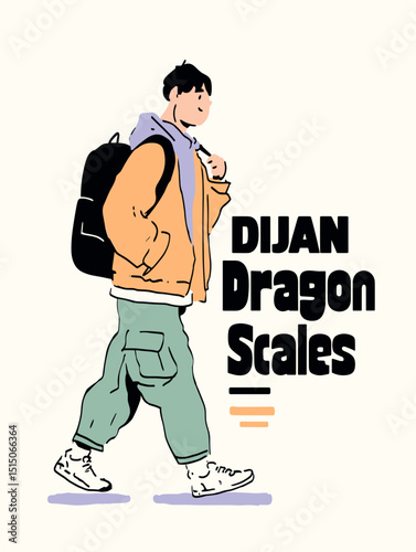 Dujan Dragon Scales: An illustrated figure strides confidently, embodying the spirit of urban exploration. The graphic's design highlights movement and the allure of contemporary style. 