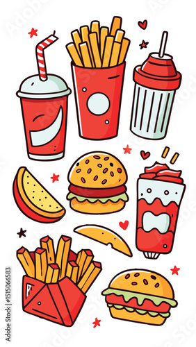 Colorful cartoon illustration of delicious fast food items including burgers fries and drinks
