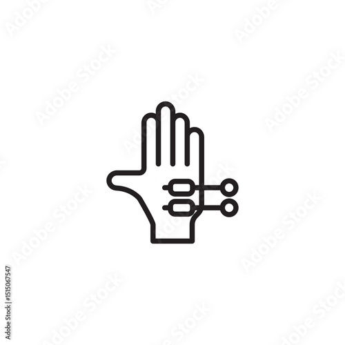 An outline icon of a hand with sensors attached, representing virtual reality gloves, motion capture, or haptic feedback technology.
