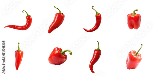 Variety of Red Peppers in Different Shapes and Sizes on transparent Background Featuring Eight Distinct Visually Appealing Chili and Bell Peppers in a Collection