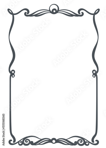 Vertical frame with ornamental swirls, graceful curves and center accents in vintage line art style. Perfect for wedding invitations, menus, or certificates. Vector illustration.