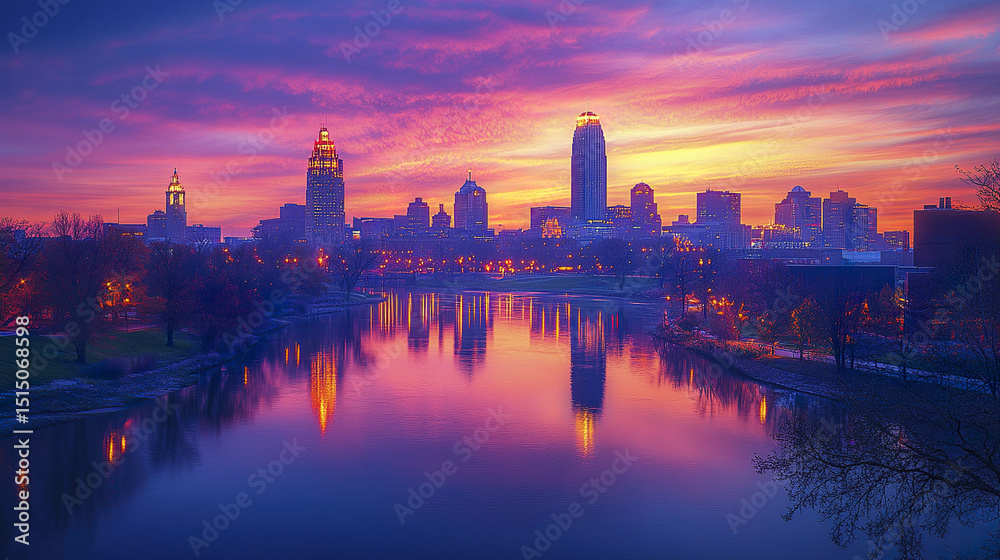 Obraz premium Stunning skyline at sunset reflecting on water, creating serene atmosphere