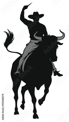 Cowboy riding a bucking bull silhouetted against a white background with a knife