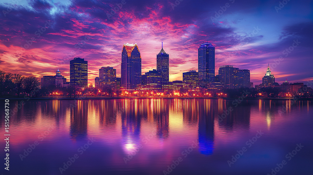 Fototapeta premium stunning skyline of Indianapolis at sunset, reflecting beautifully on water surface