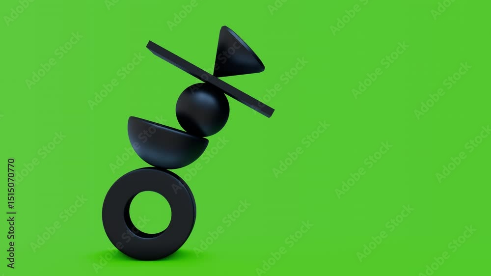 Abstract geometric composition with balanced motion simple black forms on chroma key background. Modern fashion concept art for business, psychology. Realistic seamless 3d animation.