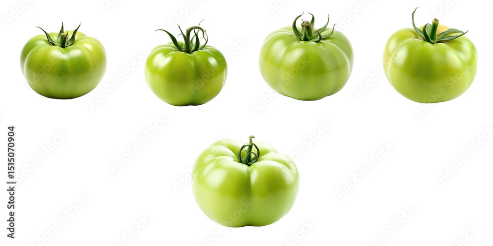 Collection of Fresh Green Tomatoes Displayed in Various Sizes Against a transparent Background, Showcasing Smooth Skin and Distinctive Shapes for Culinary Use or Illustrations Collection of Fresh Green Tomatoes Displayed in Various Sizes Against a transparent Background, Showcasing Smooth Skin and Distinctive Shapes for Culinary Use or Illustrations