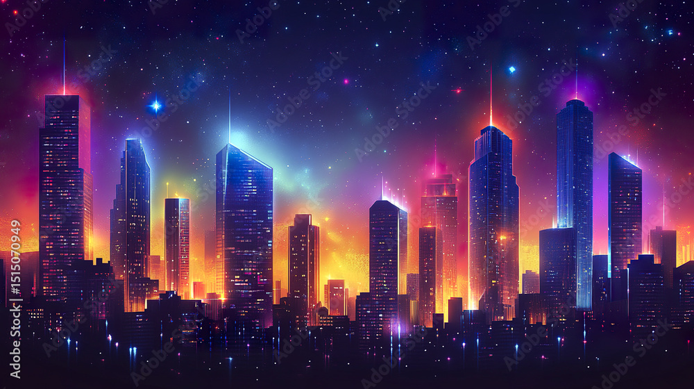 Obraz premium vibrant nighttime city skyline glows under starry sky, creating magical atmosphere