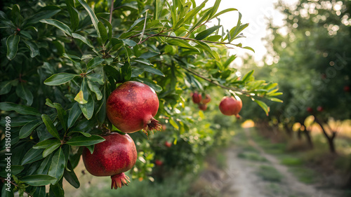 A lush pomegranate tree grows in an open field, surrounded by grass and bathed in warm sunlight photo