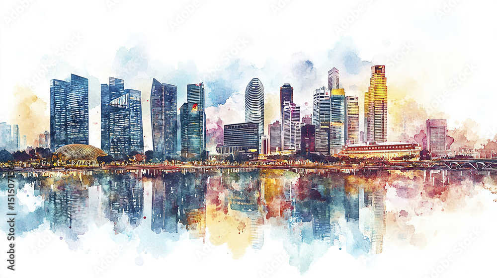Fototapeta premium vibrant watercolor illustration of city skyline reflecting water, showcasing modern architecture