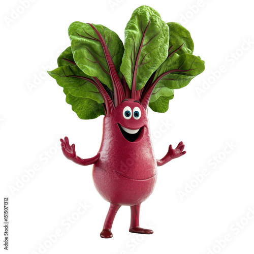Cheerful cartoon character of a beet with vibrant green leaves standing in a playful pose