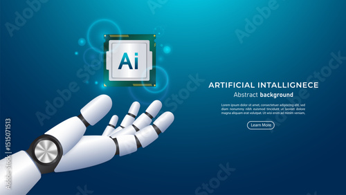 3D A futuristic robotic hand holding an AI chipset. Future cybernetic artificial intelligence, innovation and Machine learning. Big data and deep learning technology concept. Vector illustration.