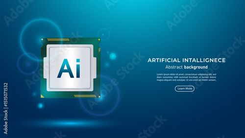 3D AI processor chipset on a dark blue background. Future cybernetic artificial intelligence and AI Chips with neon light. Big data and deep learning technology concept. Vector illustration.
