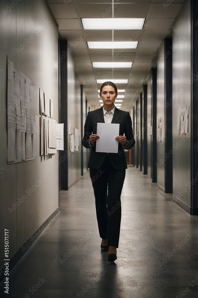 Fototapeta premium Confident businesswoman walking down a corridor holding a document in a corporate office