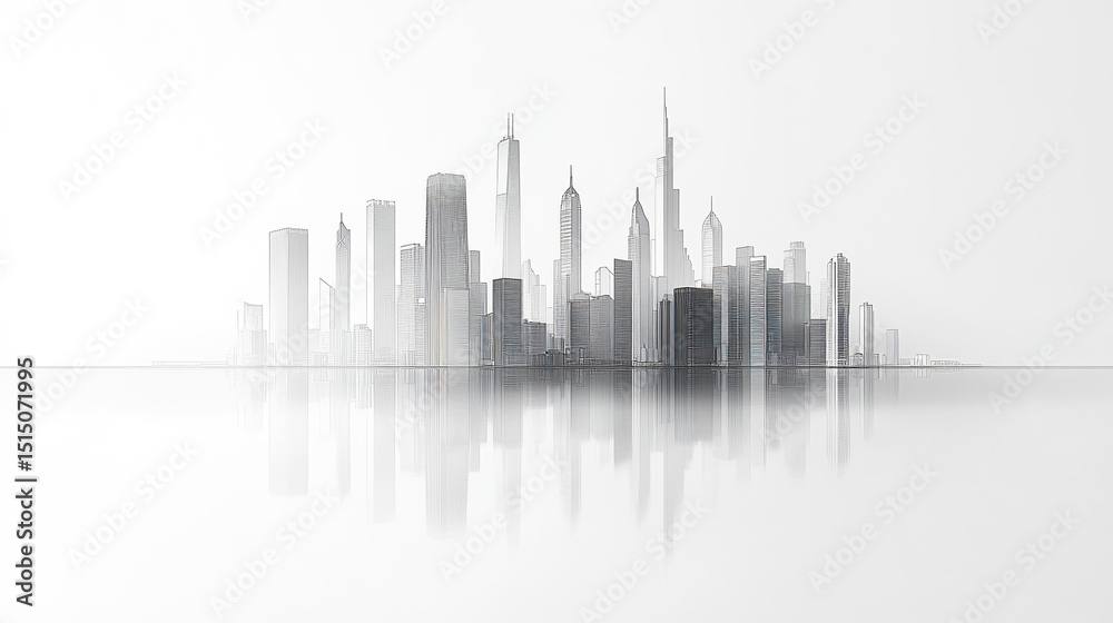 Naklejka premium Minimalist city skyline illustration with reflections white background, evoking serene