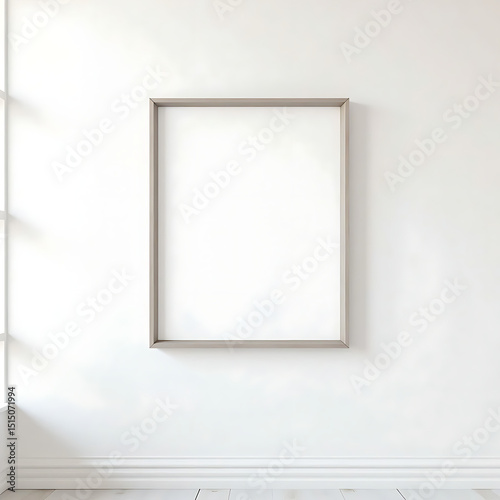 Blank wooden frame hanging on white wall in minimal living room interior