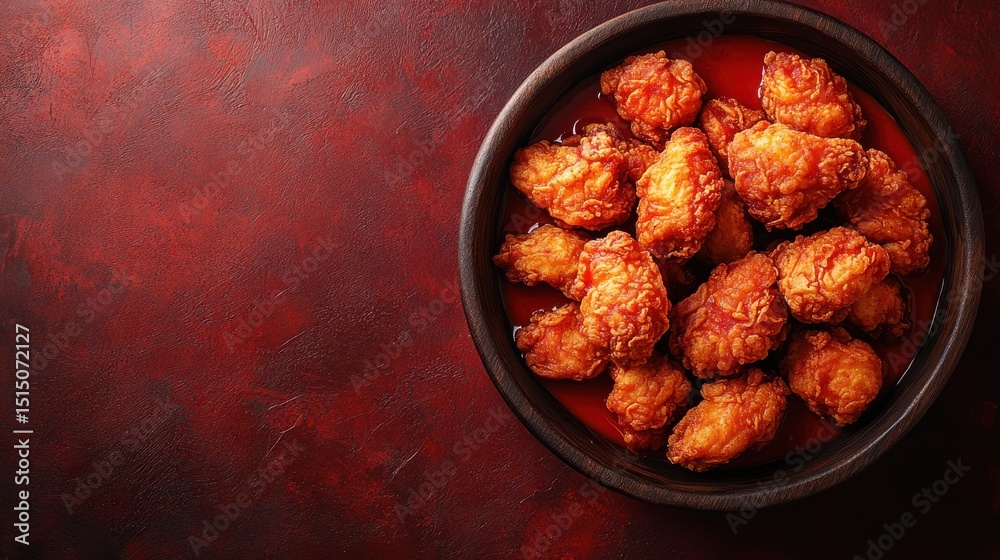 Fototapeta premium Golden buffalo chicken wings in a black bowl on a dark red stone background. High-contrast overhead composition with rustic texture. Craving and comfort. Ideal for menus, ads, and food blogs.
