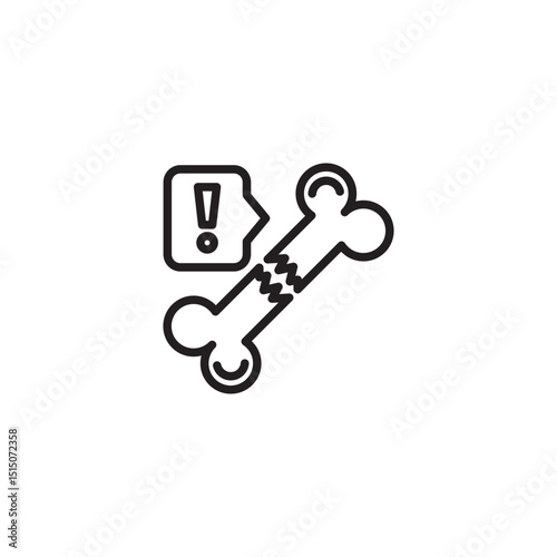 An outline icon of a broken bone with an exclamation mark in a speech bubble, symbolizing a fracture, injury, or urgent medical attention for bones.