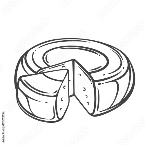 Round gouda cheese wheel with cut slice in engraved doodle style. Hand drawn semi-hard dairy product with small holes. Vector illustration for label, menu, or food design.
