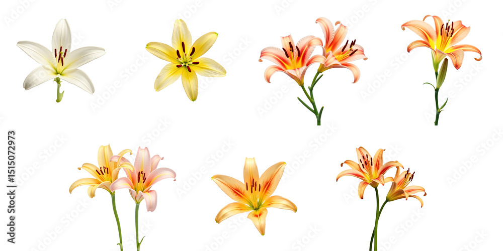 Obraz premium Assorted Lily Flowers in Various Colors on a transparent Background Featuring White, Yellow, Pink, and Orange Blooms with Detailed Petals and Green Stems
