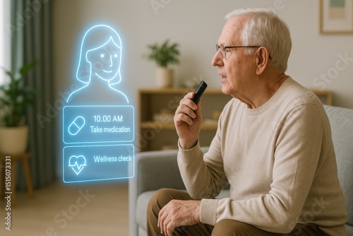Elderly man using voice AI assistant. Senior man speaks to virtual assistant for medication and wellness check.