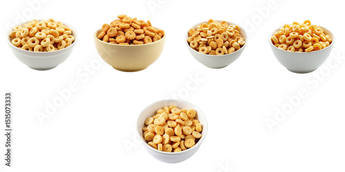 Assorted Bowls of Cereal with Various Shapes and Colors Displayed on transparent Background Featuring Cheerios and Similar Ring-Shaped Snacks