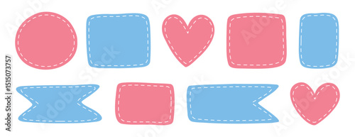 patches different shapes with dotted line set. Cute pastel templates, place for text or photo frames. Girl and boy birth frame. Decorative vector elements. Blue and pink dotted patches.