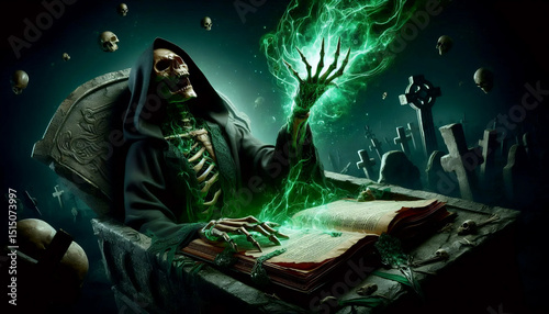 A skeletal hand erupts from a grave as a robed mage chants from an ancient tome, Ai created image photo