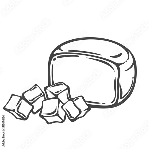 Mozzarella cheese block with soft rounded cubes, smooth surface and elastic texture. Hand drawn in vintage engraving style. Vector illustration for pizza, salad, or dairy packaging.