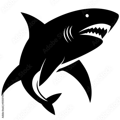 Aggressive Great White Shark Vector Illustration – Bold Black and White Marine Predator Art"