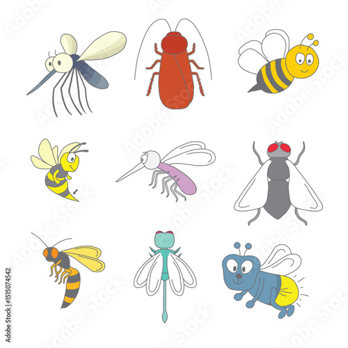 vector hand drawn insects - mosquito cockroach bee fly wasp dragonfly firefly