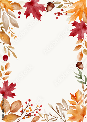 Watercolor autumn leaf frame with text space. Hand painted fall foliage border for cards and invitations