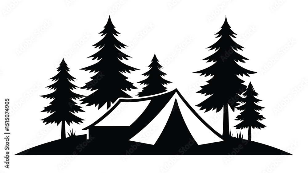 Obraz premium camping-scene-silhouette---tent-and-pine-trees-vec.eps